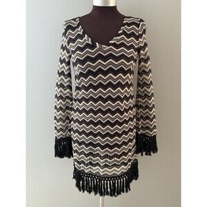 Z Supply Dress Womens Small Black Cream Chevron Fringe Boho Festival Tunic